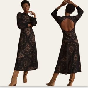 FARM RIO ANTHROPOLOGIE OPEN BACK FLORAL MIDI DRESS IN BLACK XS petite